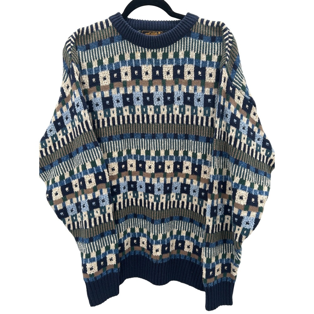 VTG Eddie Bauer Mens Geometric Pattern Crew Neck Sweater Cotton Made‎ in USA XL